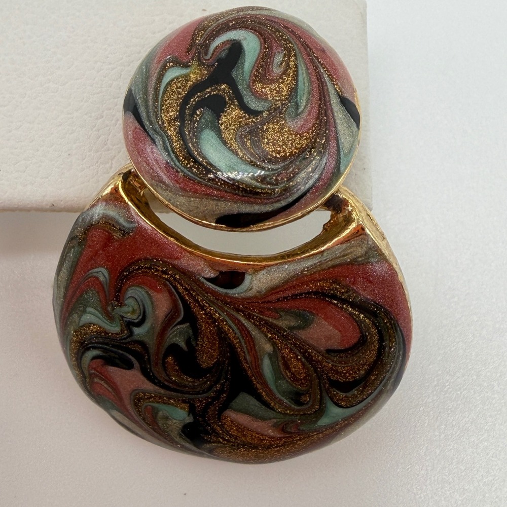 Vintage Style Marbled Enamel Geometric Drop Earrings Gold Tone Terracotta‎ Teal